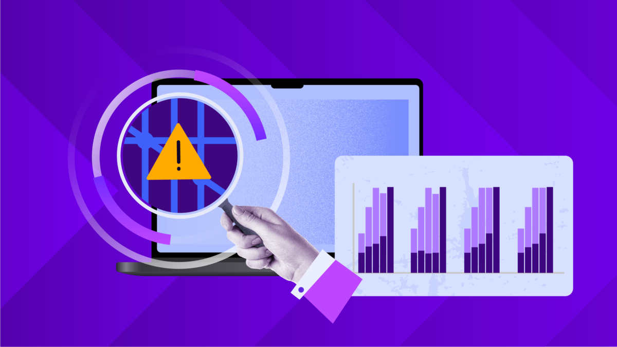 Illustration of a laptop with a warning icon under a magnifying glass and analytics charts, representing threat detection and security monitoring.