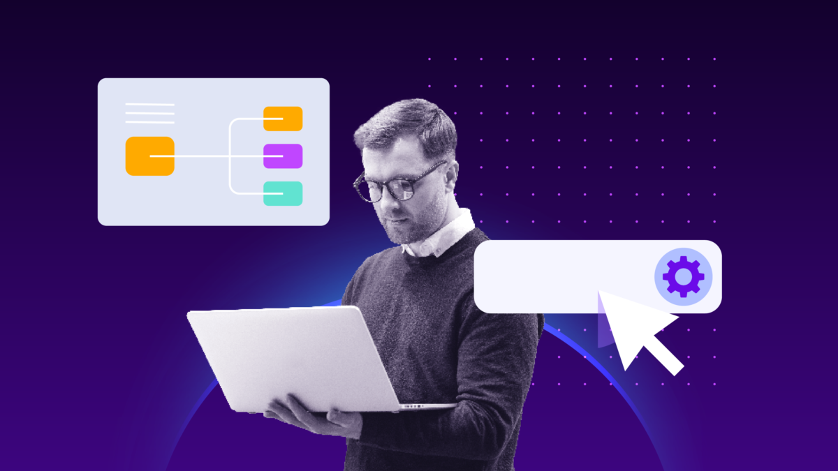 Illustration of a person using a laptop with connected workflow elements and a settings icon, representing automated threat prevention and response.