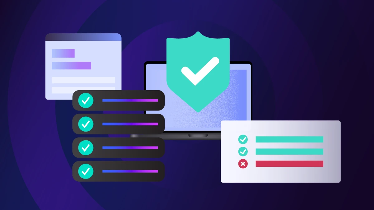 Laptop with a shield and checkmark, alongside status lists showing completed security checks and identified issues, representing validated threat protection and response.