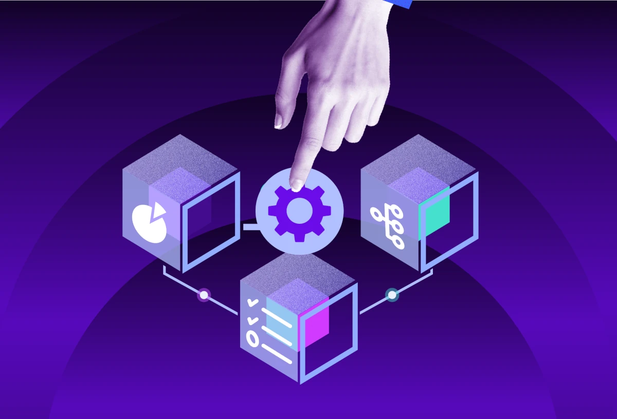 Hand selecting a central gear icon connected to data, checklist, and process blocks, representing automated threat detection and response.