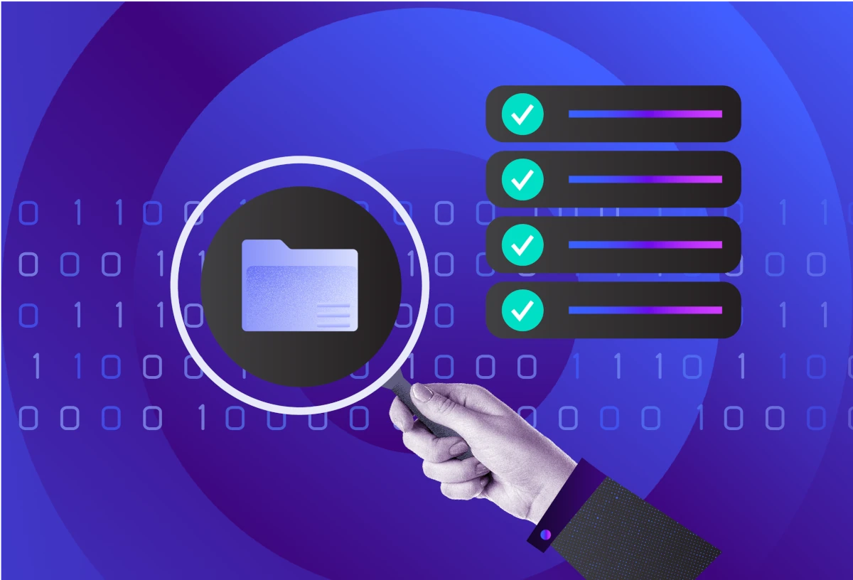 Magnifying glass highlighting a digital file icon beside a checklist with checkmarks, representing ransomware detection and file monitoring.