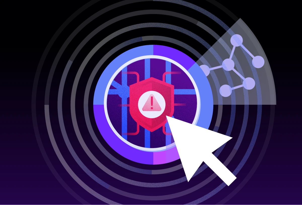 Shield with a warning icon highlighted by a cursor and concentric rings, representing ransomware response and threat containment.