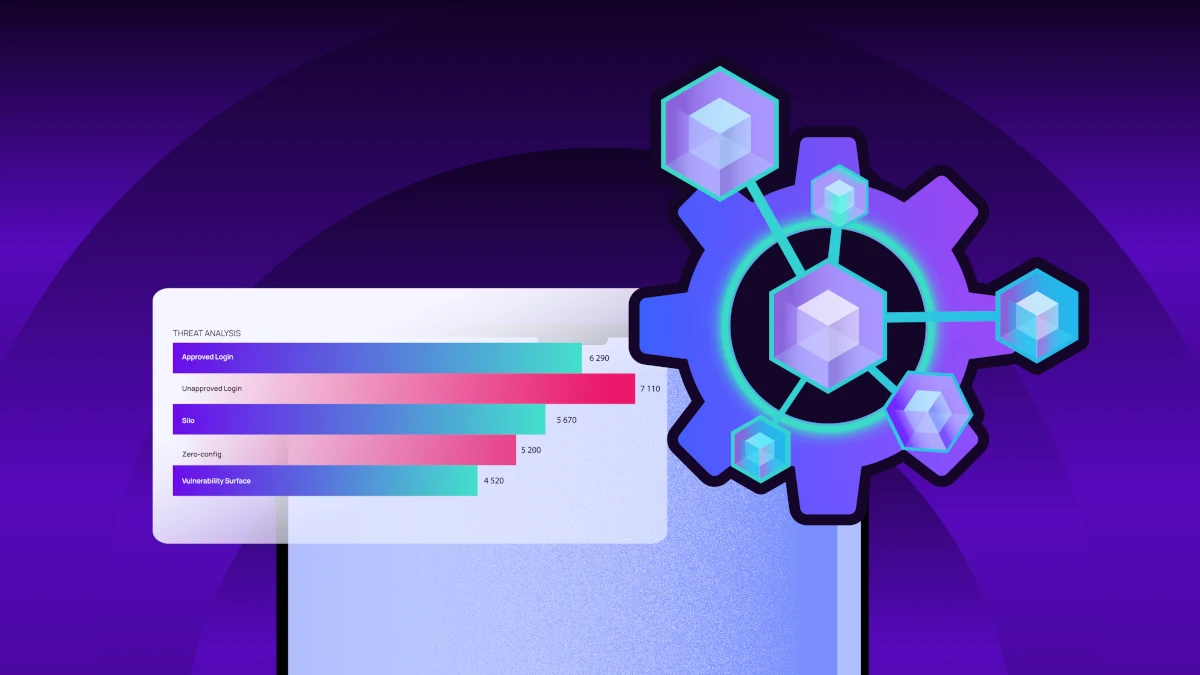 Abstract illustration of a security dashboard beside a gear icon connected to data nodes, representing automated threat analysis and system protection.